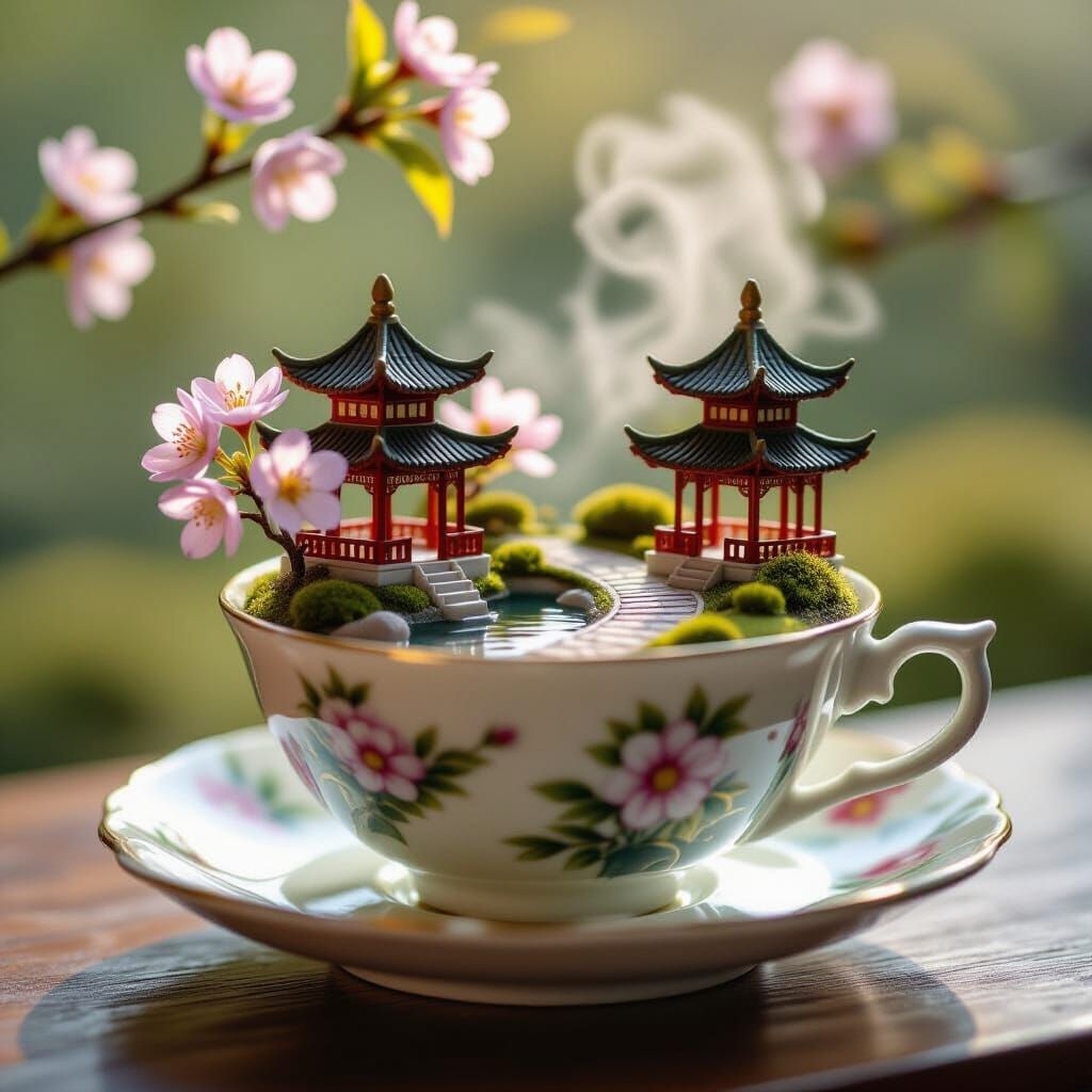 Miniature Chinese Tea Garden Inside a Teacup