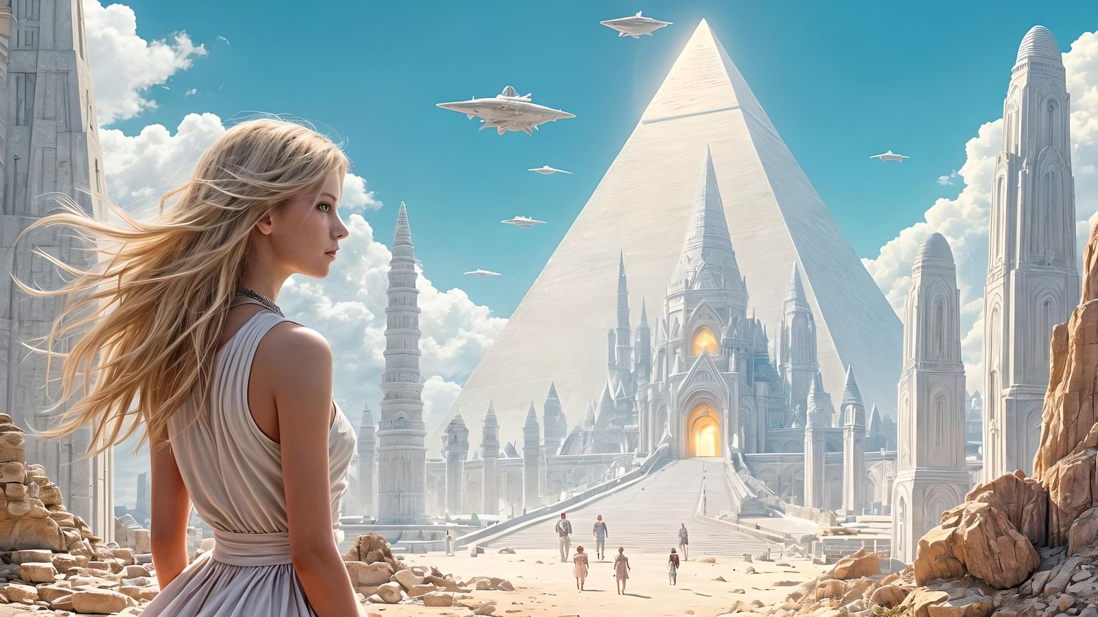Advanced Civilization with Pyramids in Anime Style