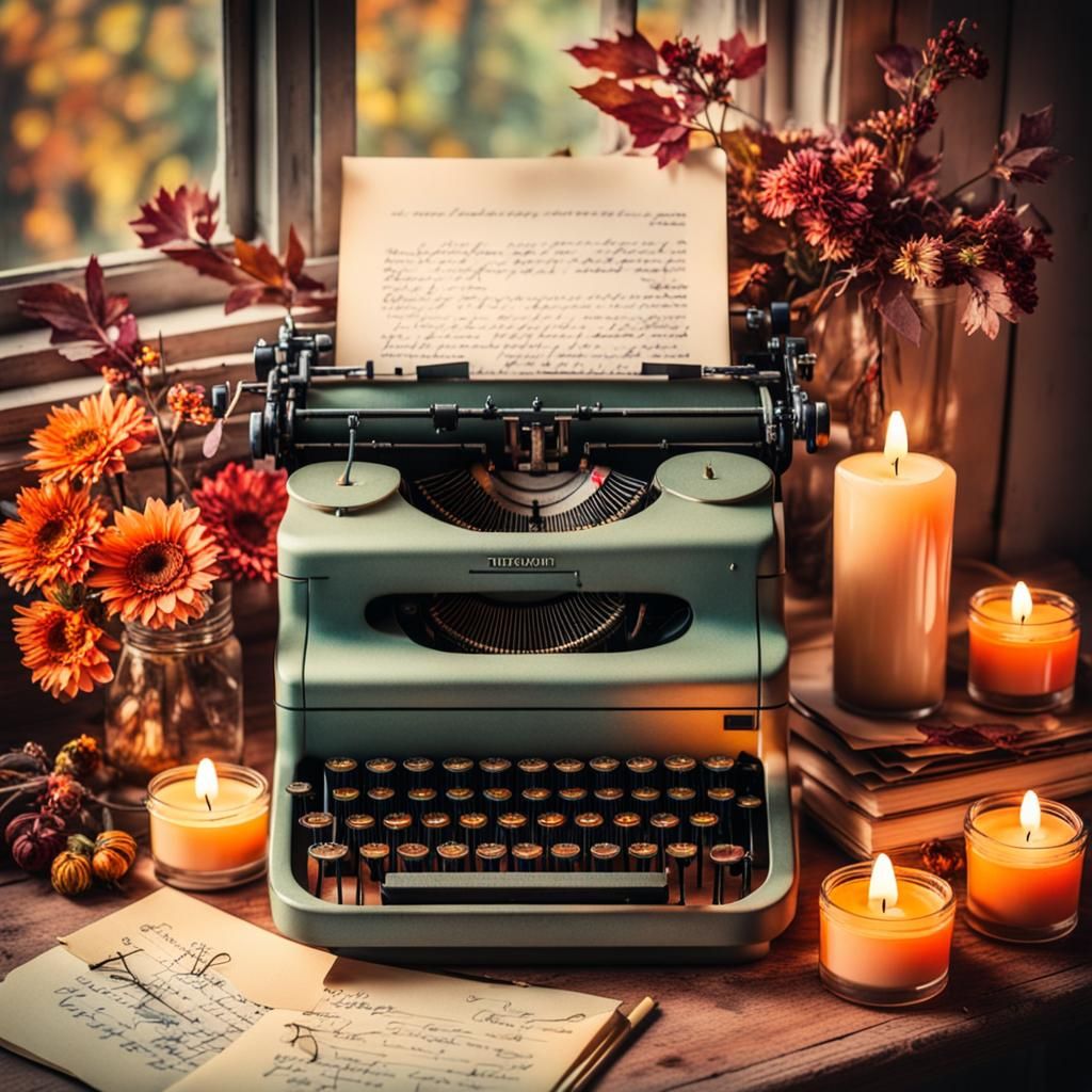 Typewriter with Autumn Flowers in Watercolor Style