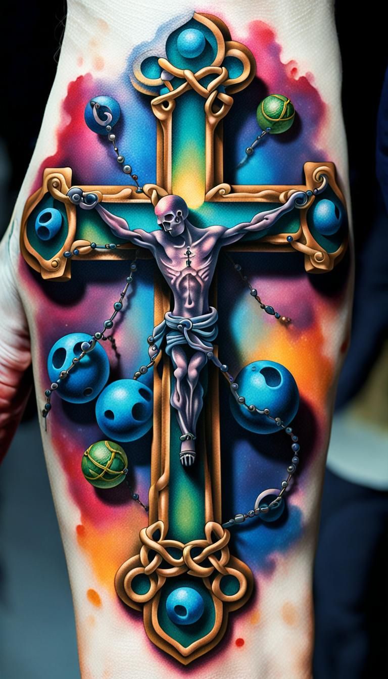 Full 3D surreal ful tattoo cross with rosary beads intertwin...