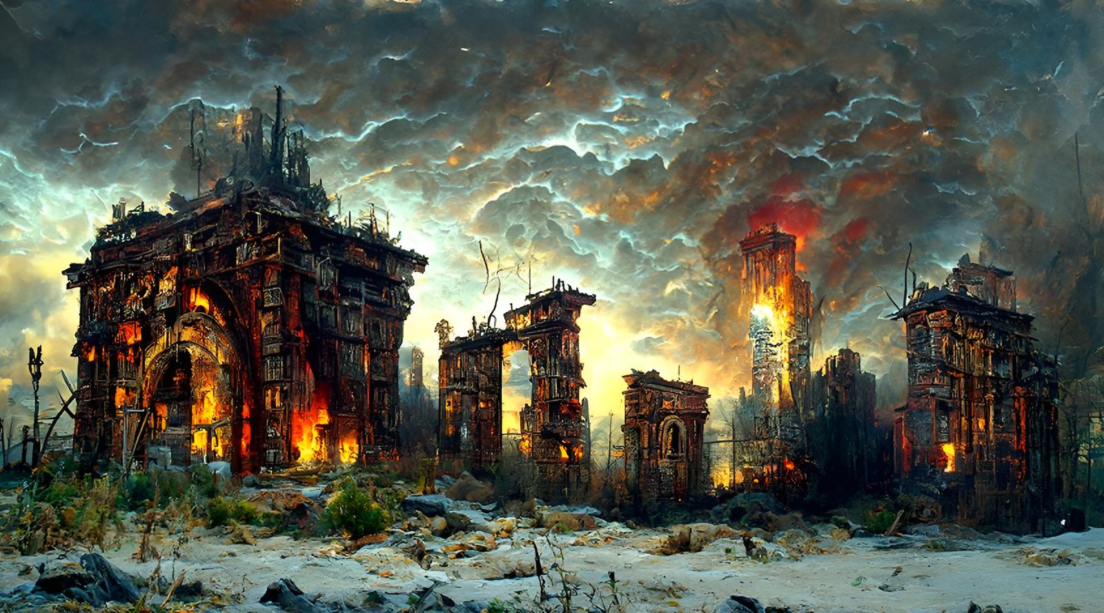 Detailed Post-Apocalyptic Ruin Cityscape at Night