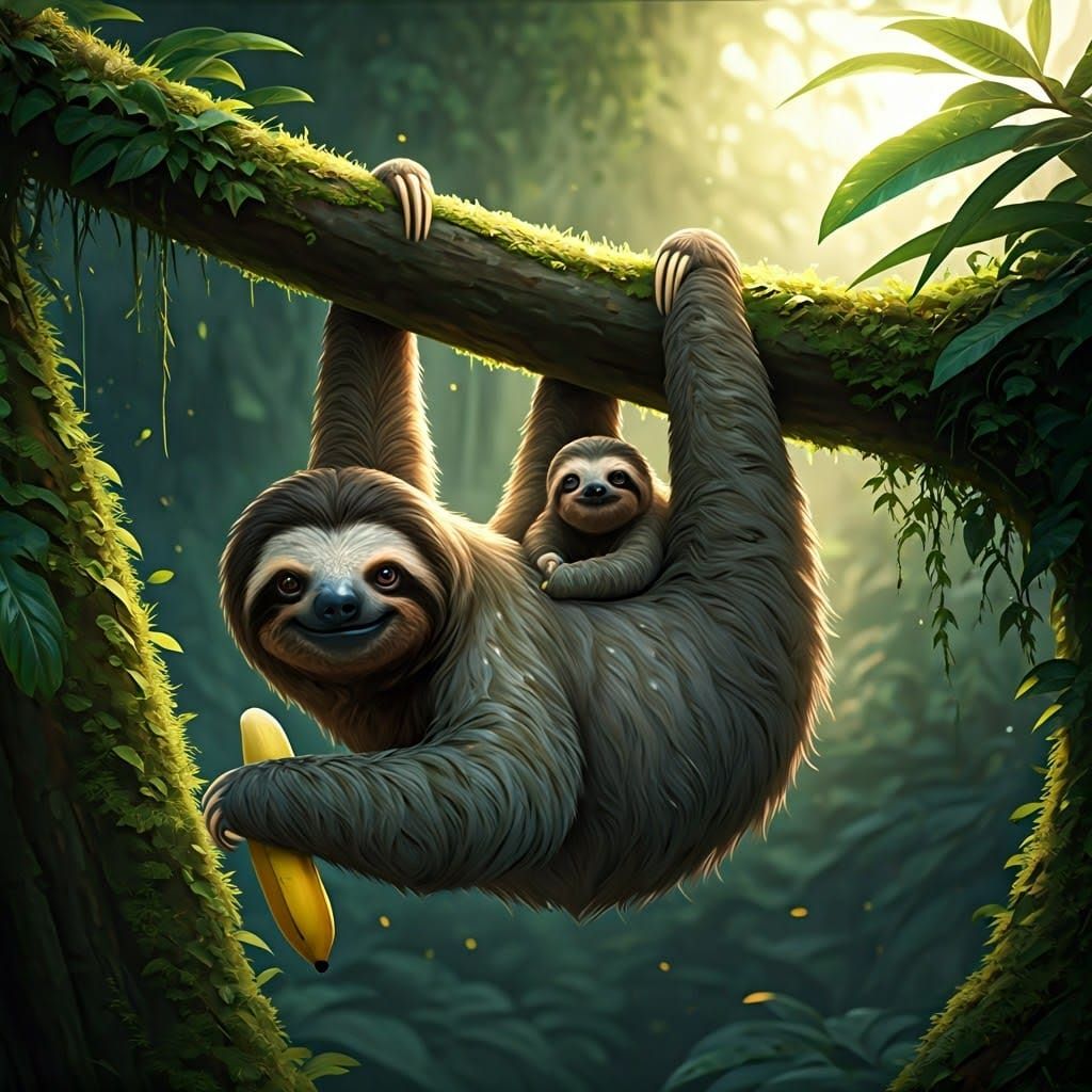 Fluffy Sloth and Baby in Lush Green Tree