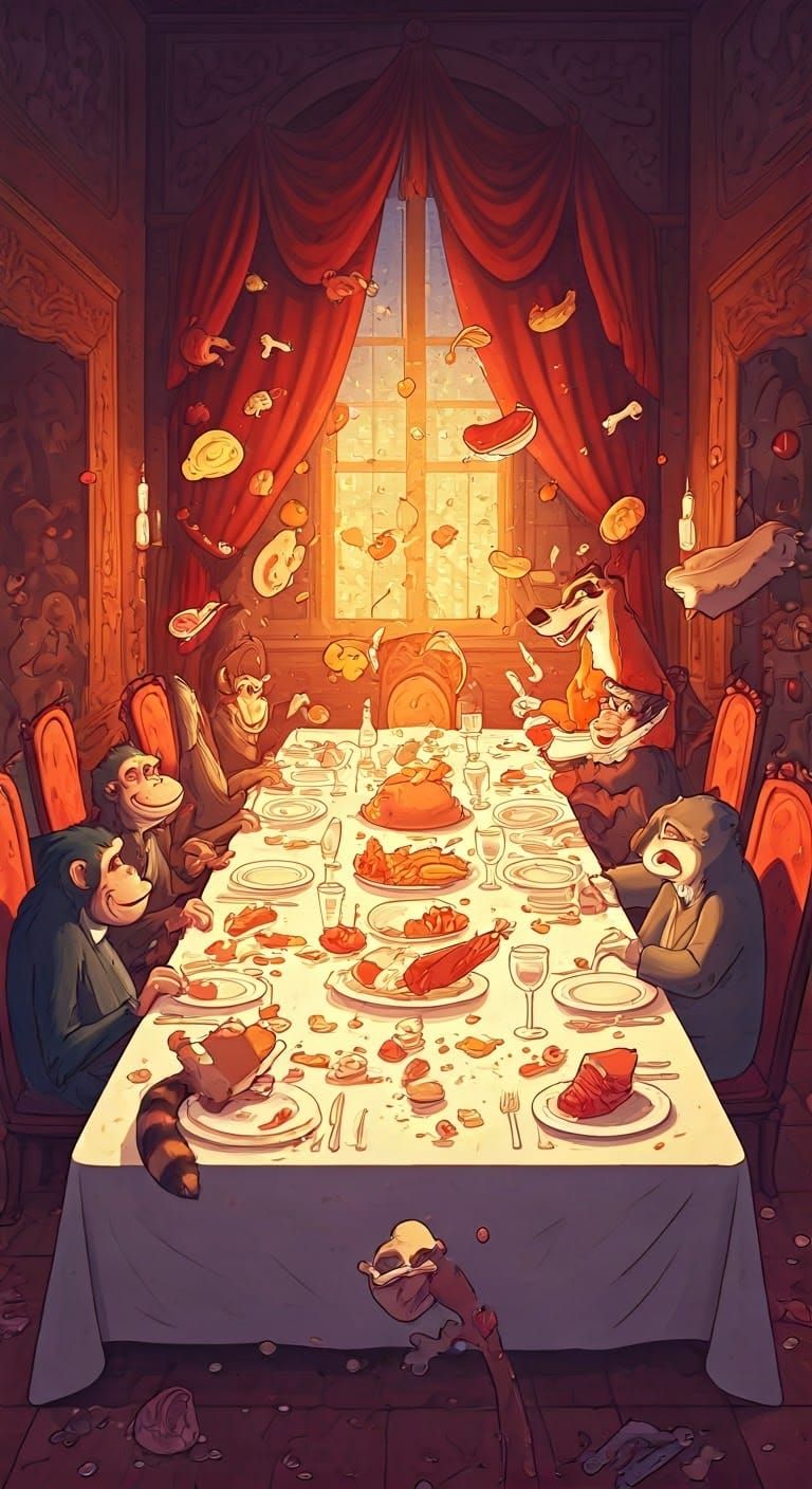 Wild Dinner Party in a Whimsical Cartoon Style