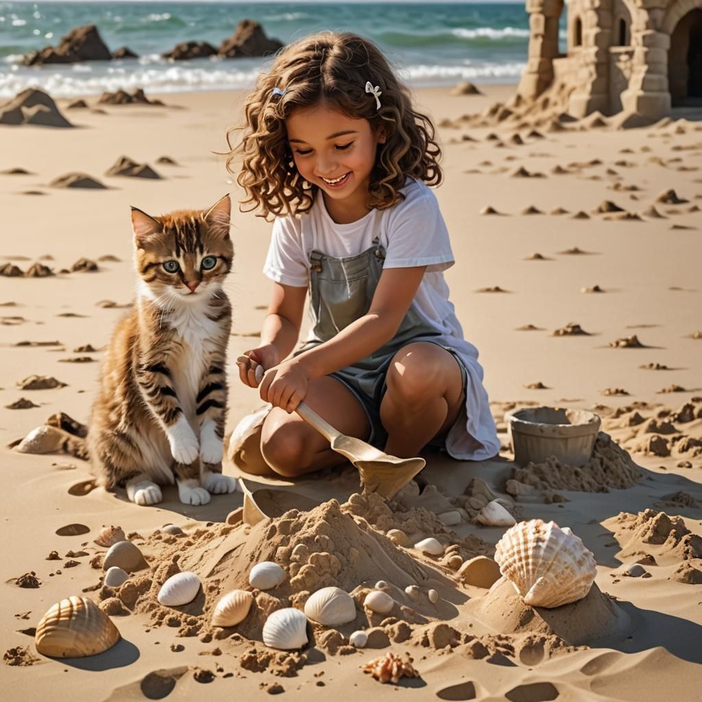 Girl and Kitten Building Sandcastles in Anime Style