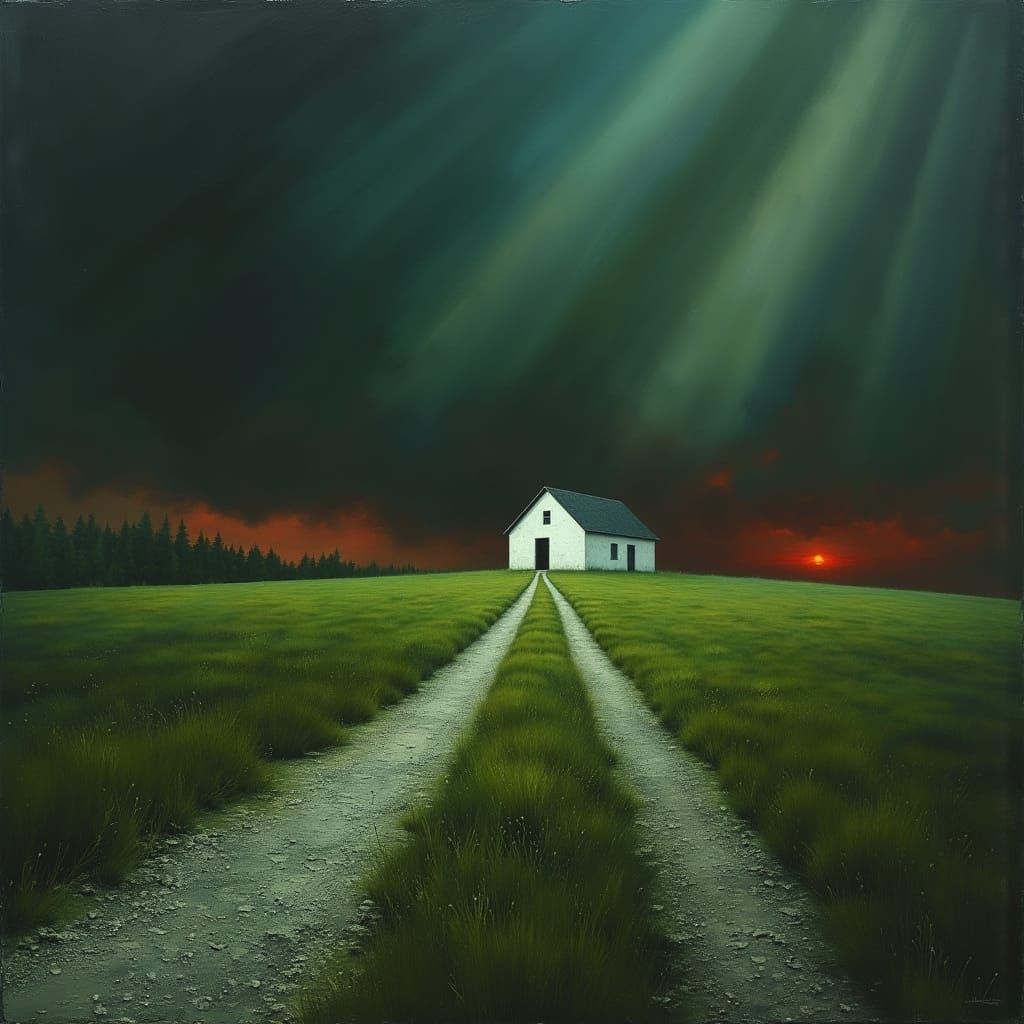 Eerie White House in Field: Magic Realism Oil Painting