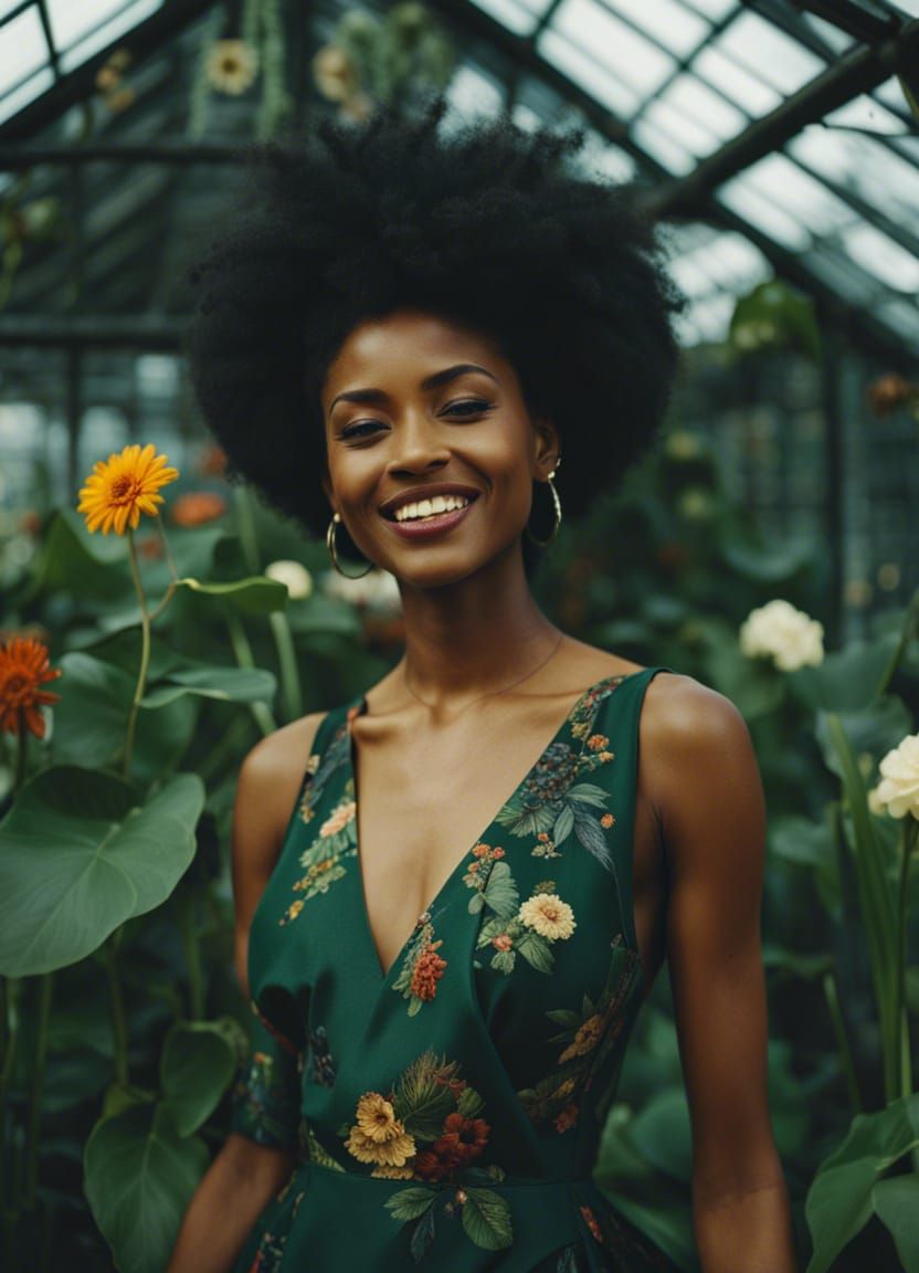 Smiling Black Woman in Greenhouse, Photorealistic Portrait