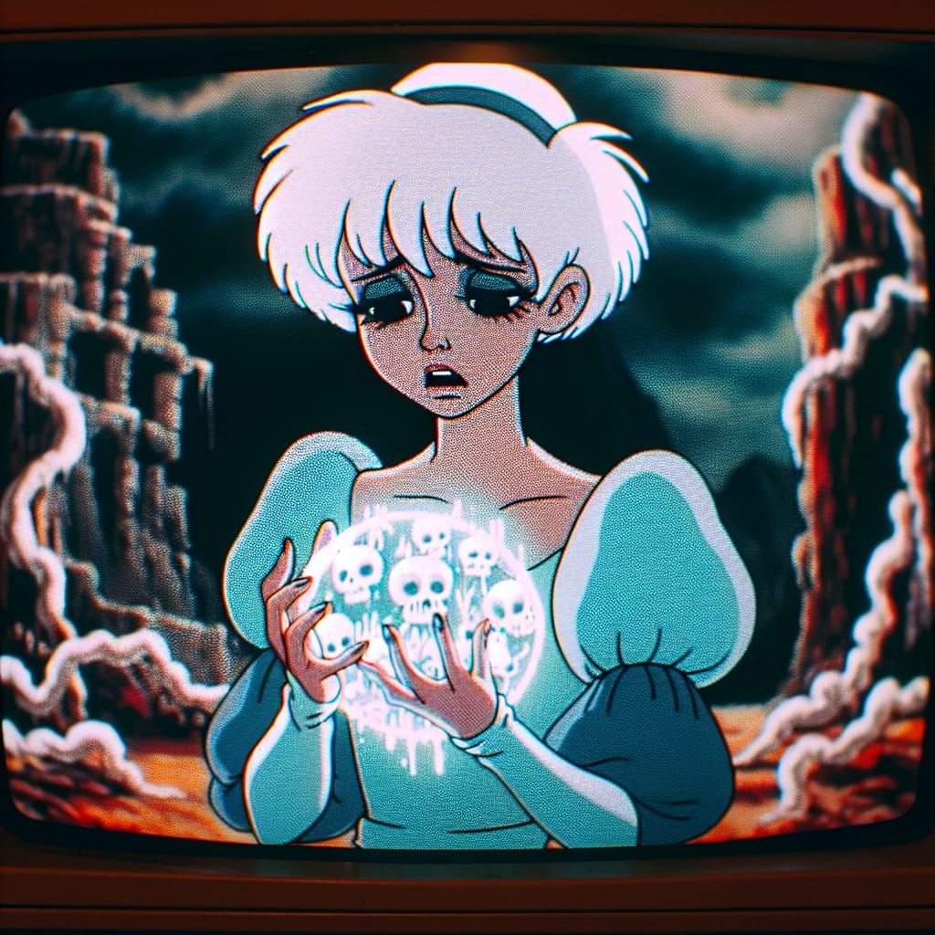 Vintage Cartoon Princess in Dark Jungle Landscape