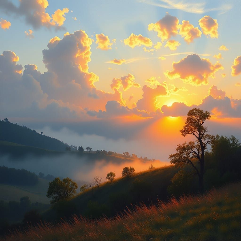 Golden Dawn Landscape: Soft Morning Light and Gentle Hills