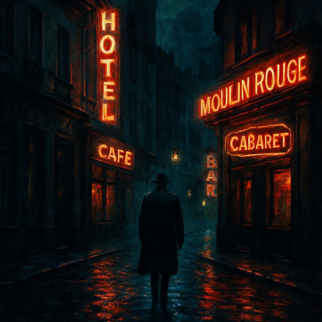 Vintage Parisian Street at Night in Neon Glow