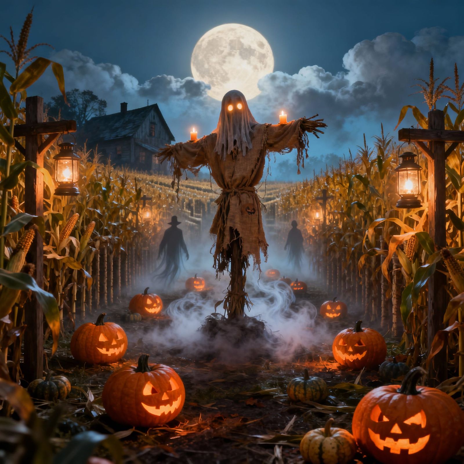Moonlit Halloween Harvest Scene with Glowing Jack-o'-Lantern...