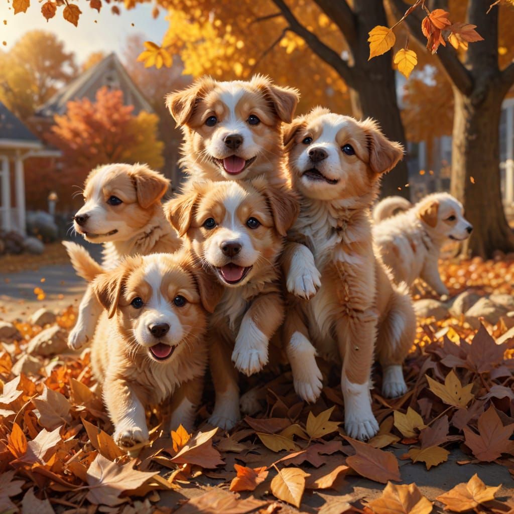 Joyful Puppies Leap in Vibrant Autumn Leaves