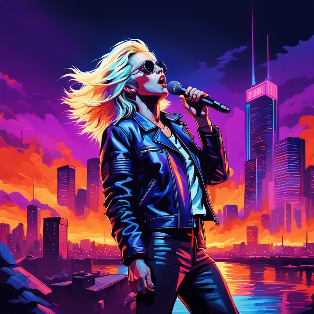 Blondie Concert: Vibrant Oil Painting in Neon Cityscape