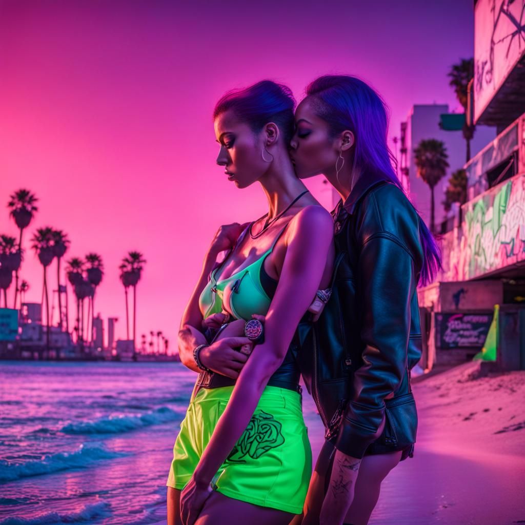 Cyberpunk Sunset Kiss at Venice Beach