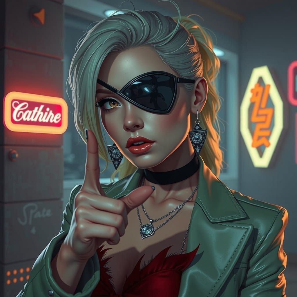 Provocative Albino Woman with Leather Eyepatch in 8K