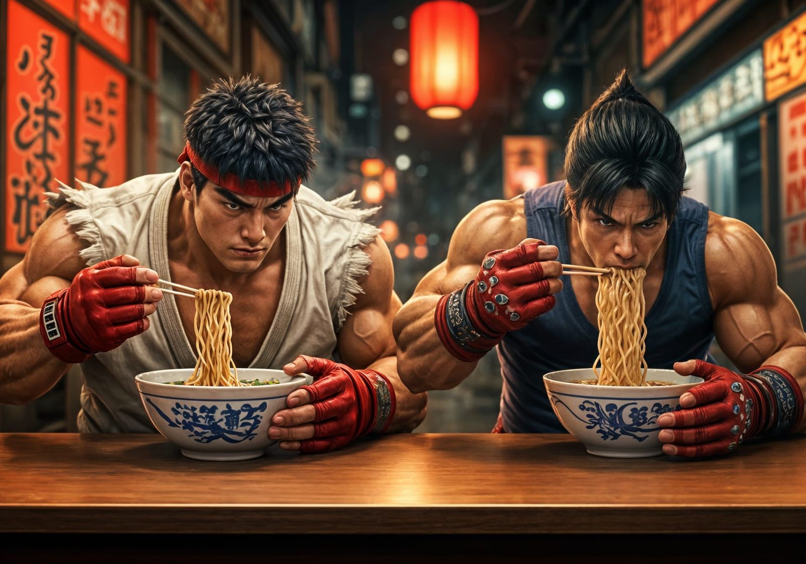Ryu and Jin Slurping Ramen: 90s TV Show Still