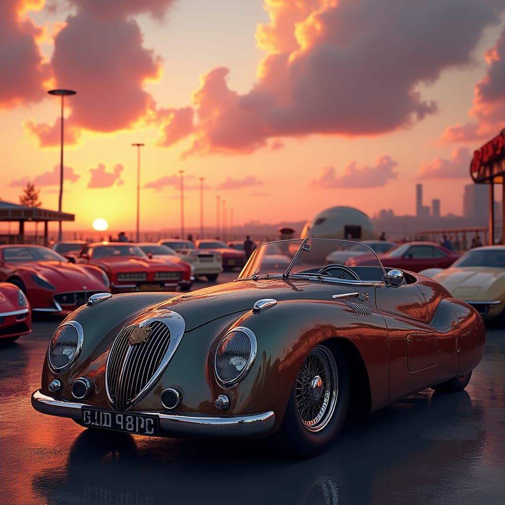 Vintage Car at Luxury Gathering in Cyberpunk Style