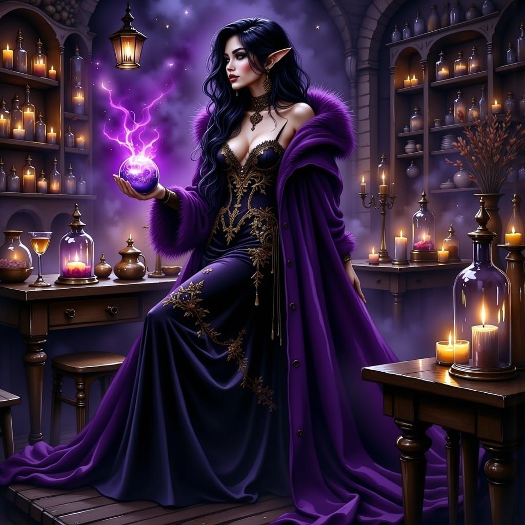 Mystical Blood Elf in Apothecary, Dark Art Style