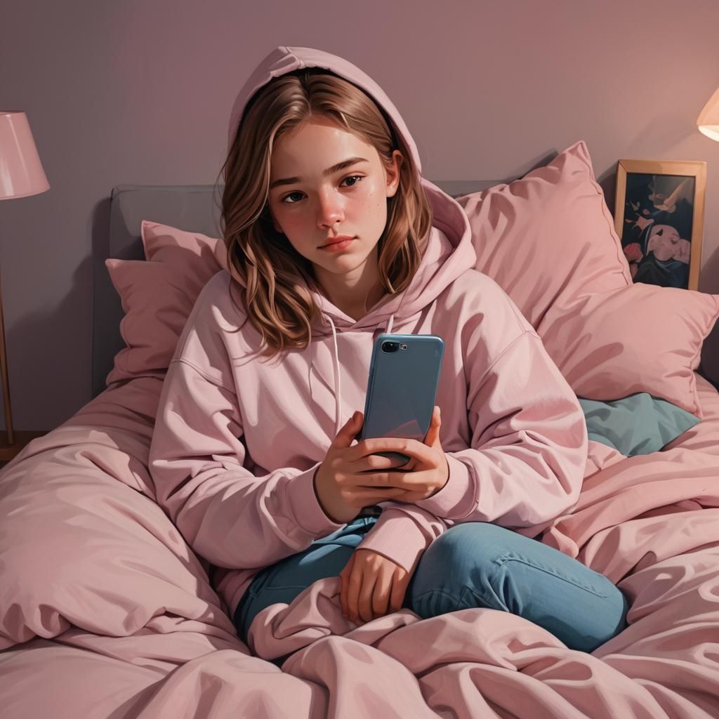 Cozy Teen Portrait on Pink Bed as Digital Art