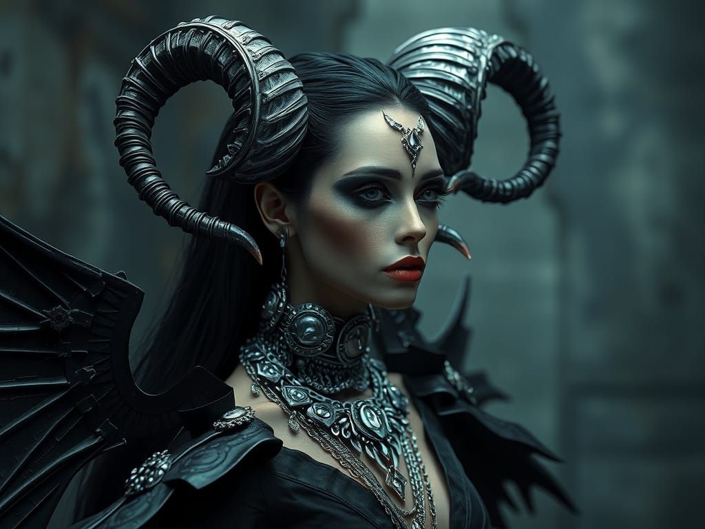 Surreal Gothic Woman with Demonic Horns