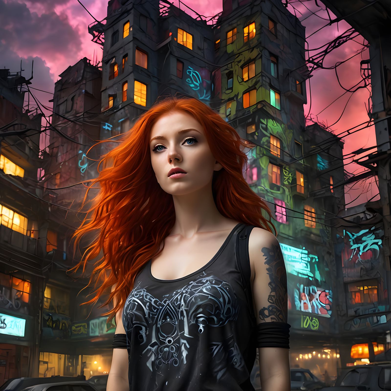 Cyberpunk Redhead in Polychromatic Graffiti Style