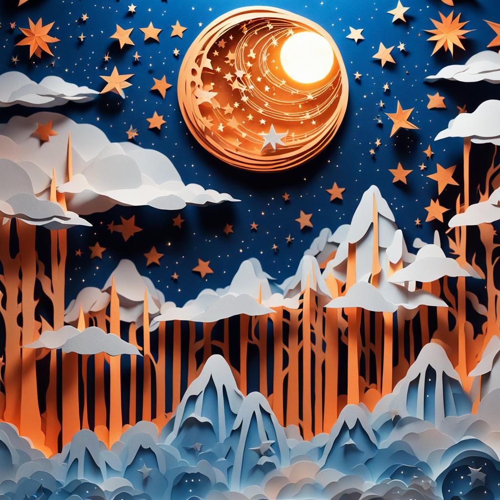 Magical Paper Cutout of Starry Moonlit Sky
