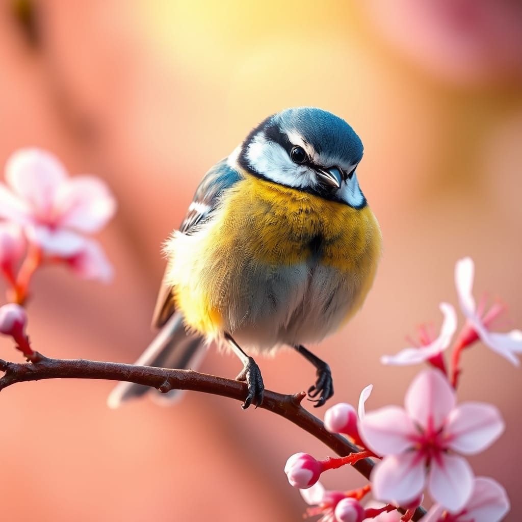 Exquisite Eurasian Blue Tit Perched on Cherry Blossom Branch
