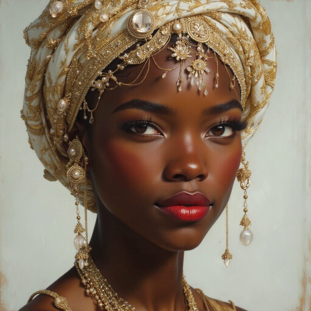 African Goddess in White Gold Dress, Hyperrealistic Oil Pain...
