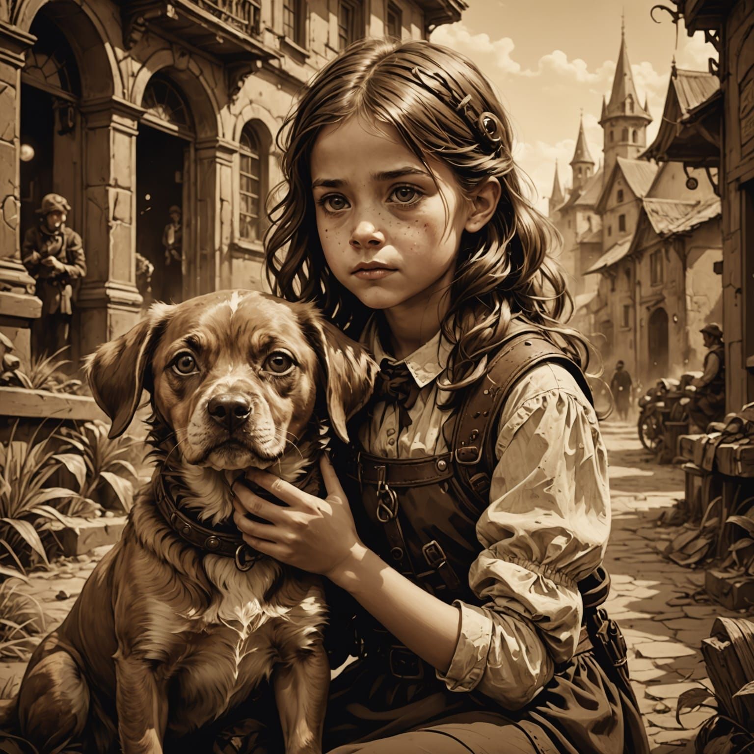 Girl with Pet in Sepia Vintage Photo