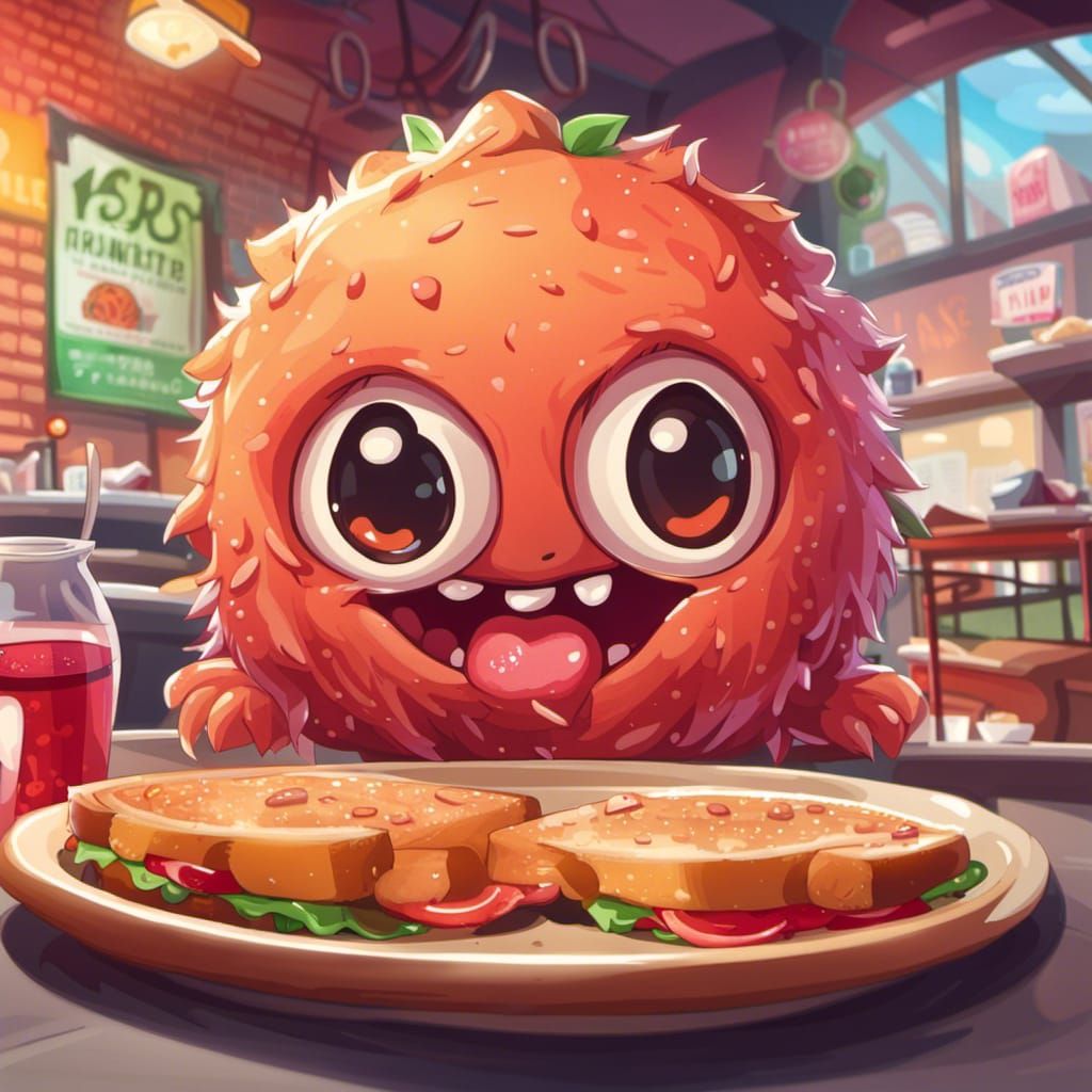 Adorable Chibi Meatball Sandwich Monster Creature
