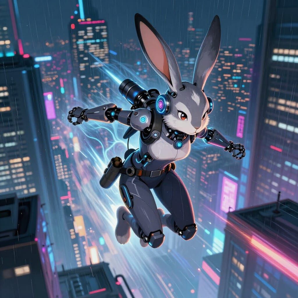 Cyberpunk Rabbit Courier Leaping Through Neon Megacity