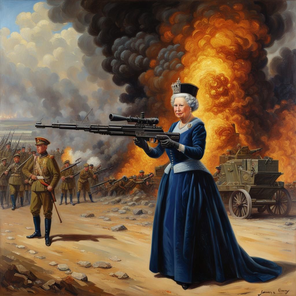 Queen Elizabeth the 2nd holding a machine gun with an explosion in the background