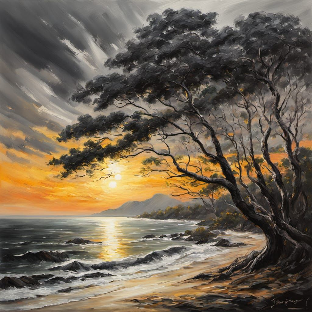 Dramatic Seascape with Dark Trees in Impressionist Oil Paint...