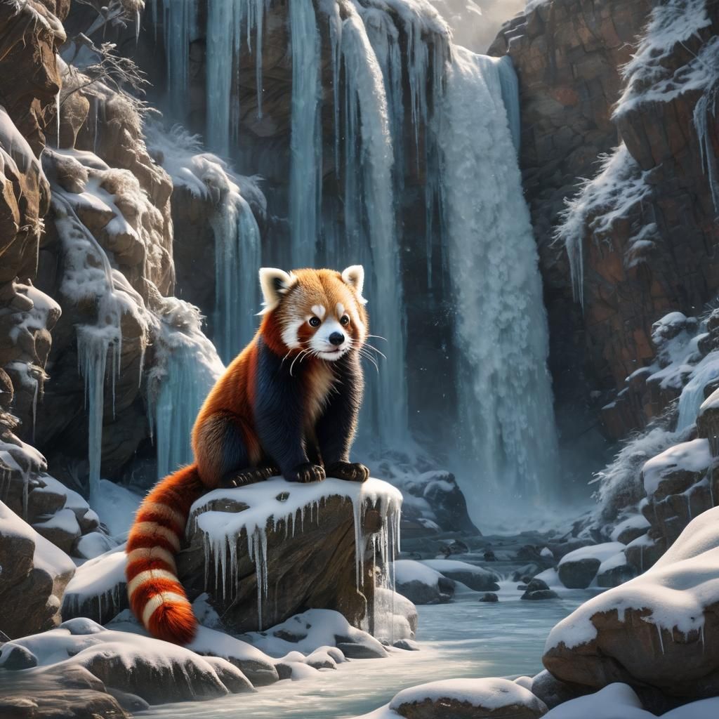 Red Panda Under Frozen Waterfall