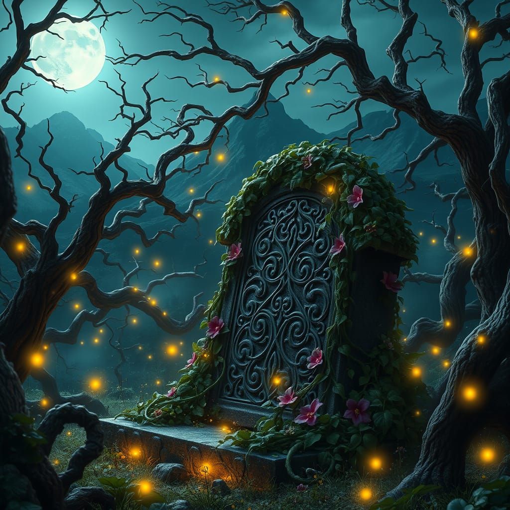 Moonlit Celtic Tomb in a Mystical Forest