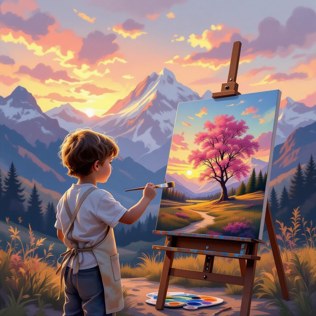 Boy Paints Pink Tree Landscape as Realistic Oil