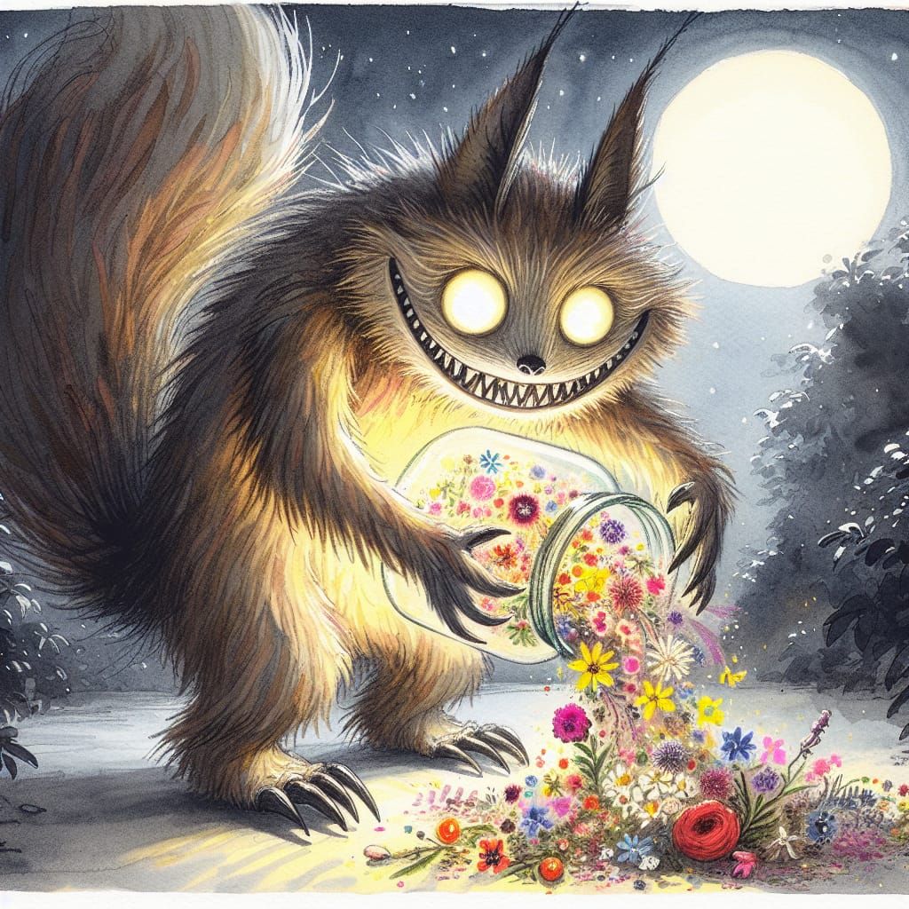 Furry Creature Spreads Wildflowers in Moonlight