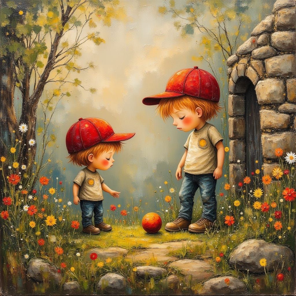 Toddler Boys Play Ball Near Stone Wall in Golden Hour