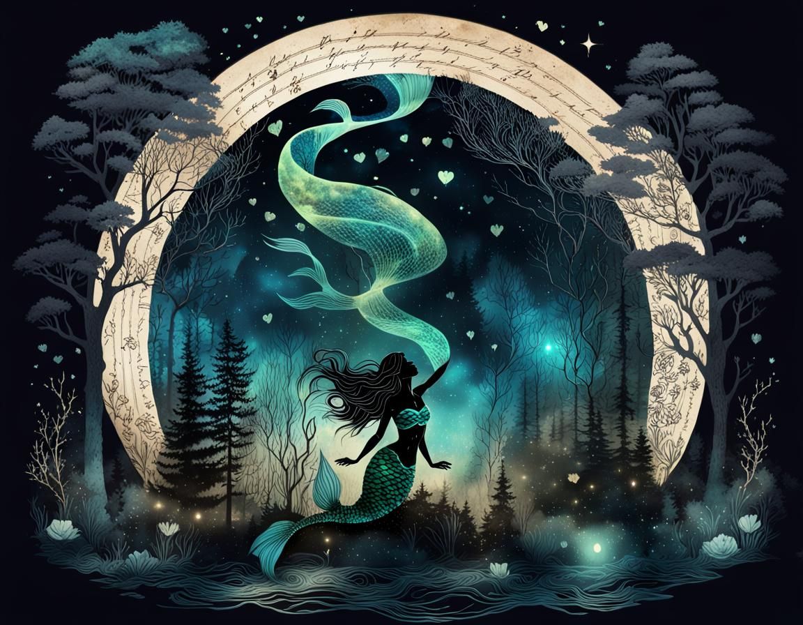 Mermaid with delicate Gaussian electromagnetism luminescent glow, positioned in the center of an old patch adorned with ...