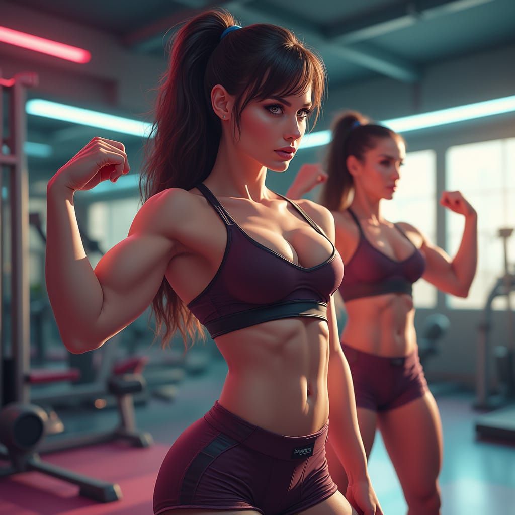 Brunette Bodybuilders Flexing, Digital Art