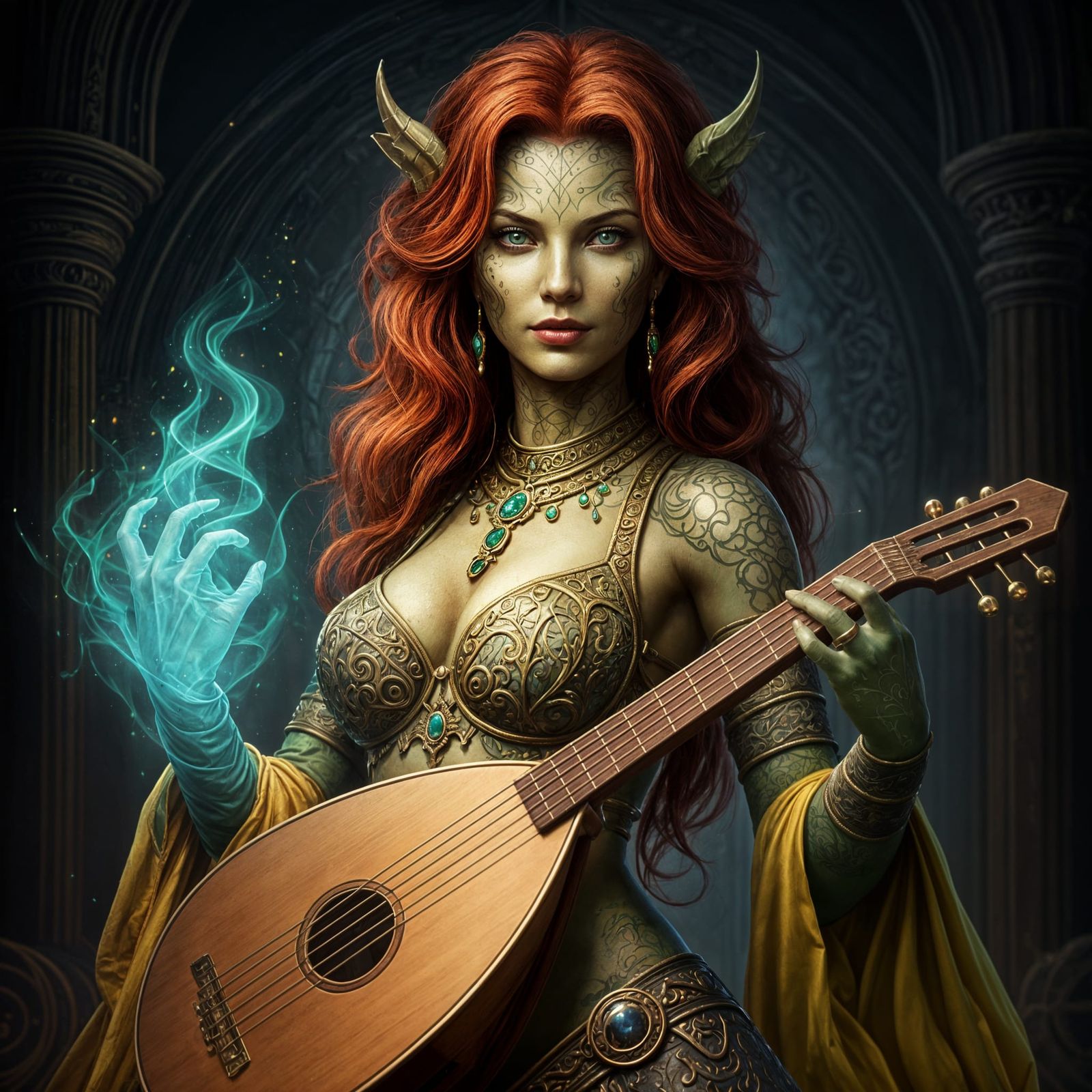 Redhead Yuan-ti Bard with Lute, Dark Fantasy Art