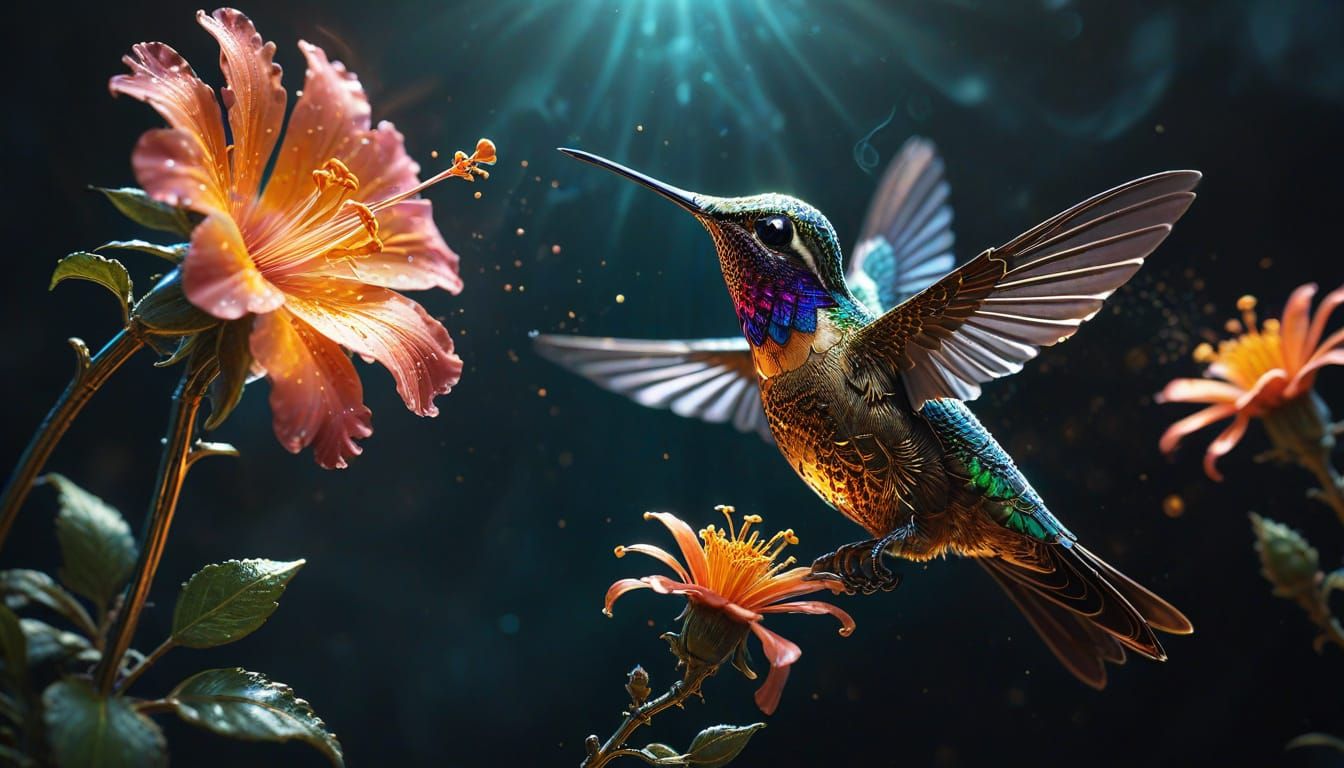 Clockwork Hummingbird Sipping Nectar in Splash Art Style