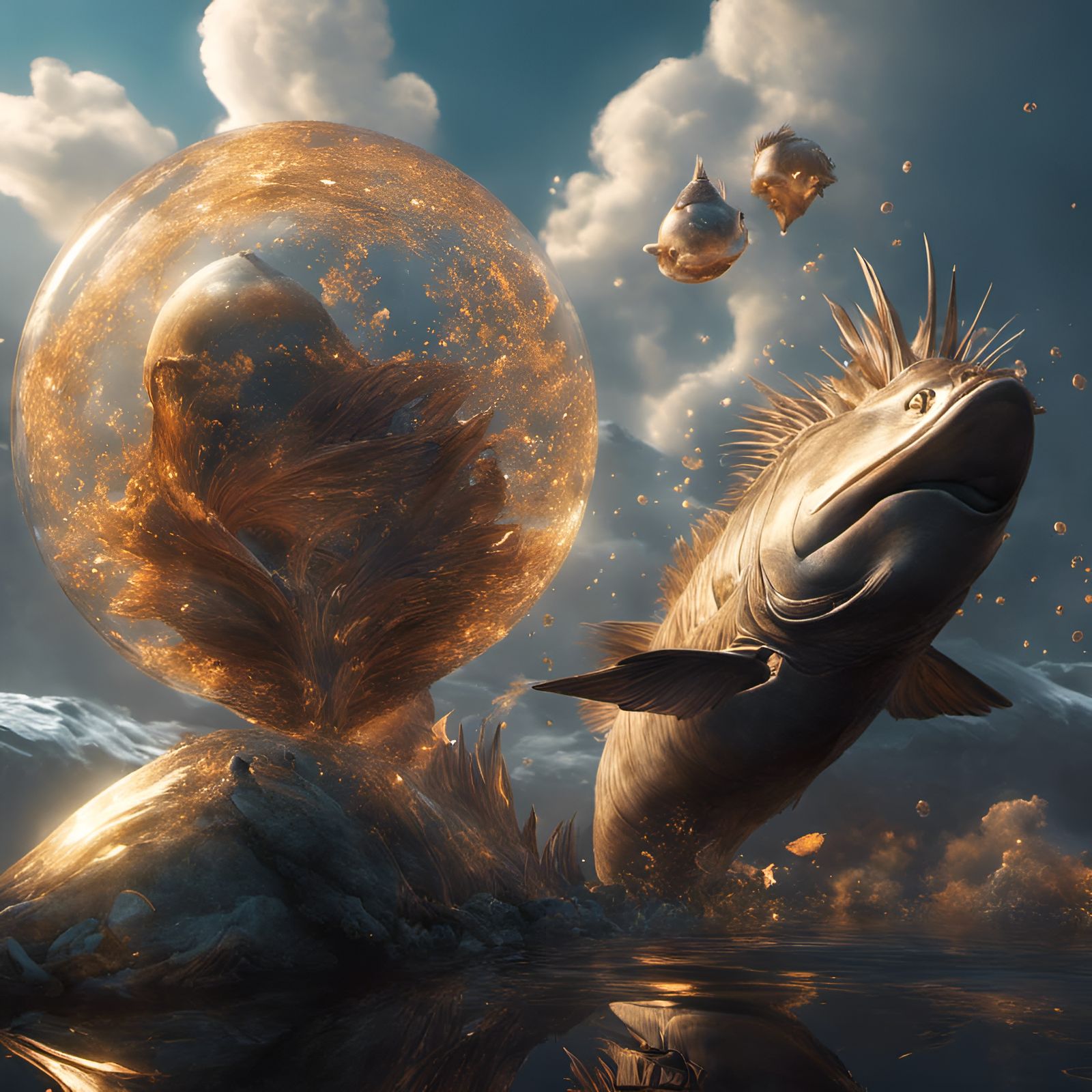 Fish Swimming in Sunset: Hyperdetailed Fantasy Art