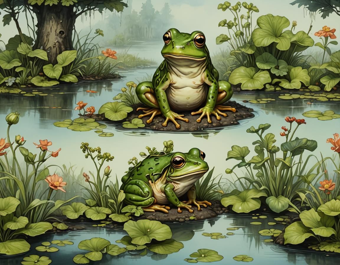 whimsical frog in the style of peter de seve