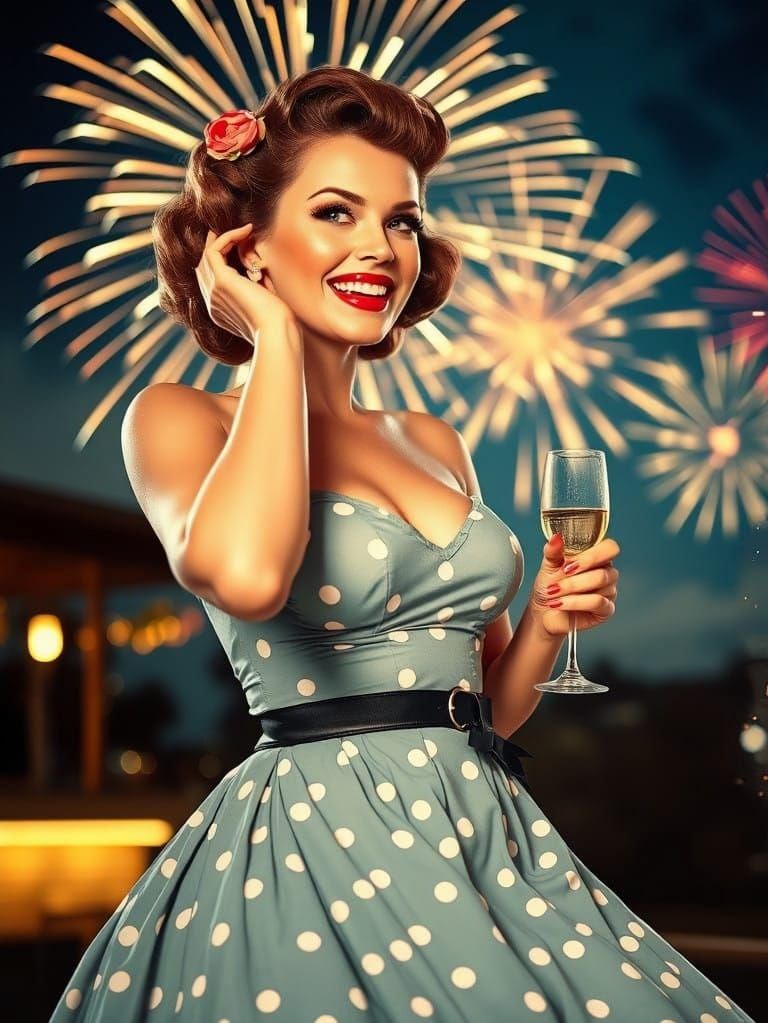 Vintage Pinup Girl Celebrates with Fireworks