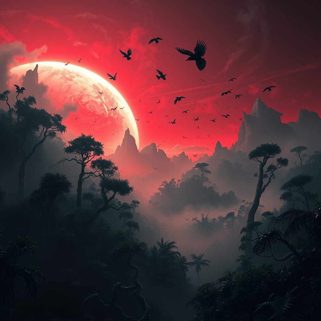 Otherworldly Crimson Planet with Exotic Jungles and Blackbir...