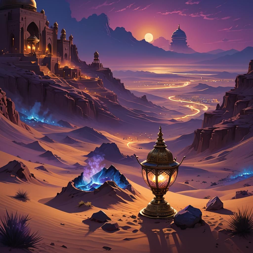 Mystical Arabian Lamp in Dreamy Desert Landscape