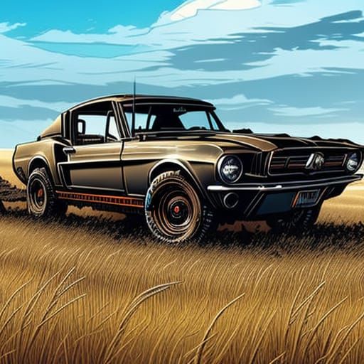 Post-Apocalyptic Mustang with Machine Gun, Comic Book Art