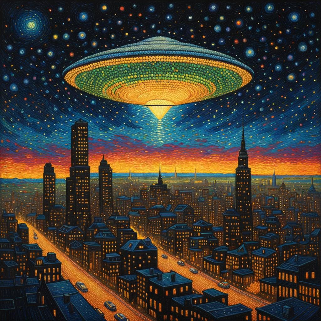 Iridescent UFO over Night City in Pointillism Style