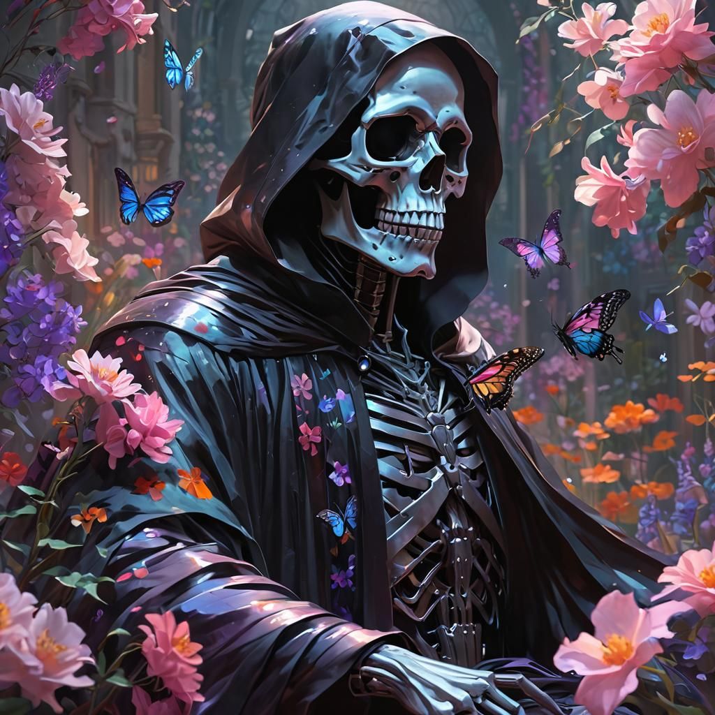 Grim Reaper Surrounded by Blooming Flowers