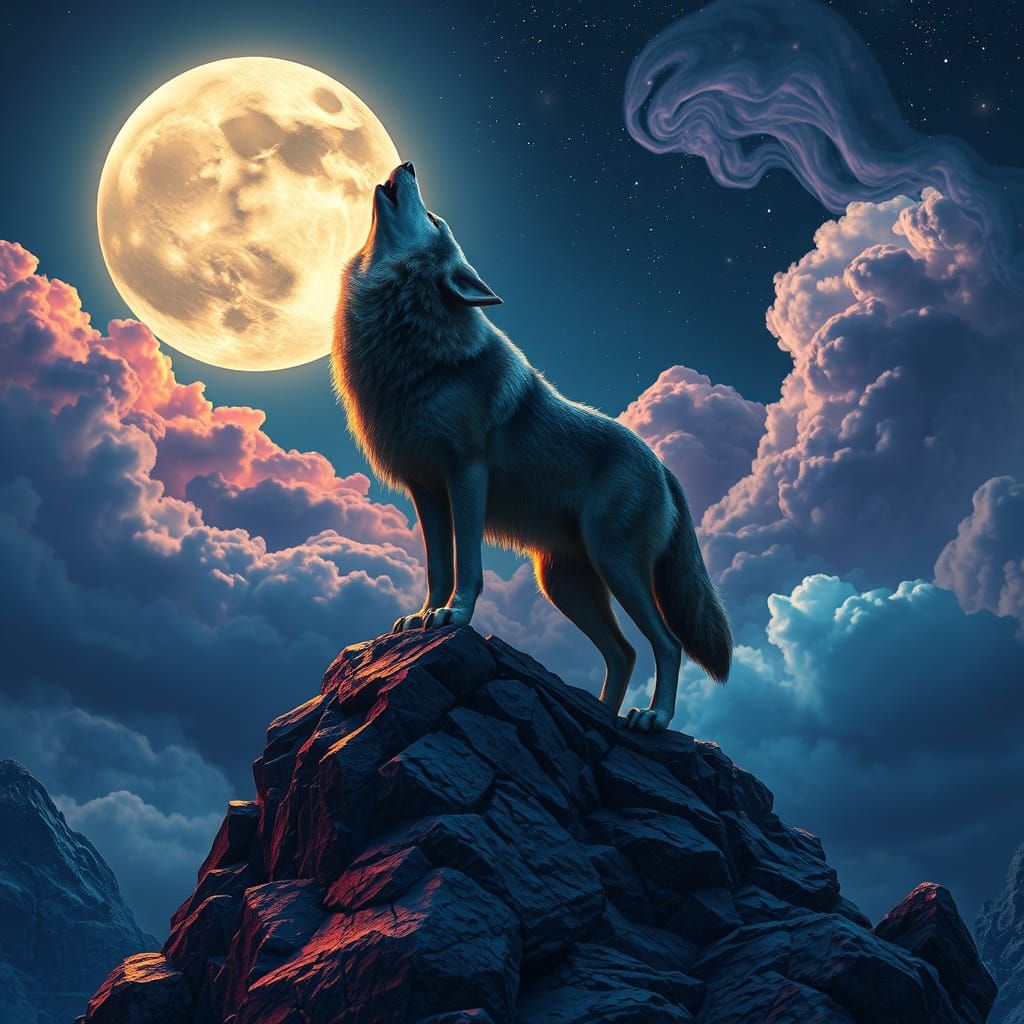 Wolf Under the Starry Night Sky